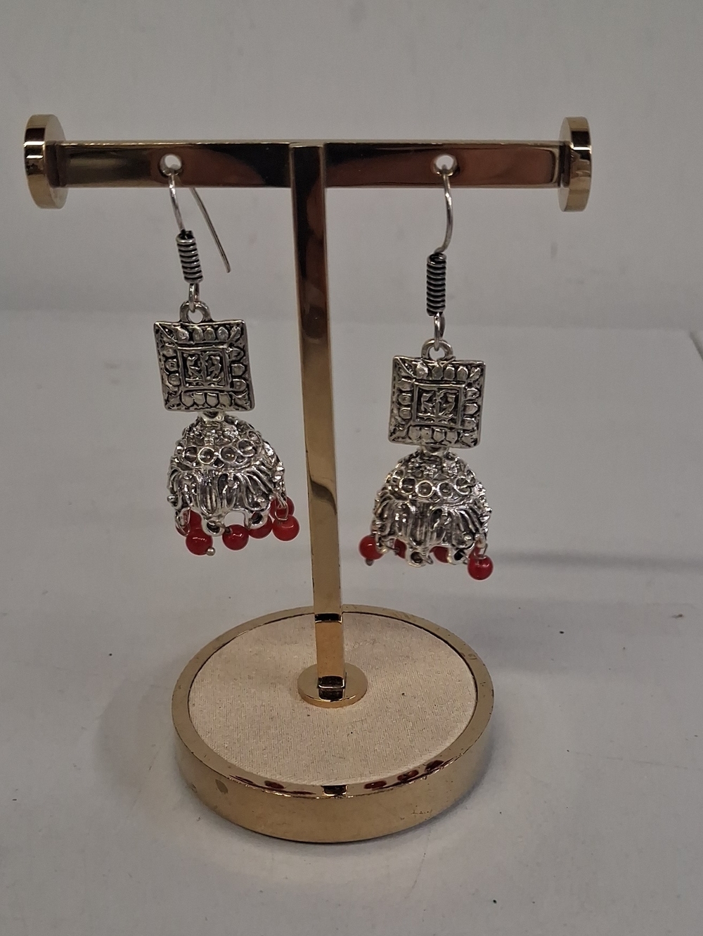 NWT Womens Silver Jhumka Drop Earrings with Red Beads